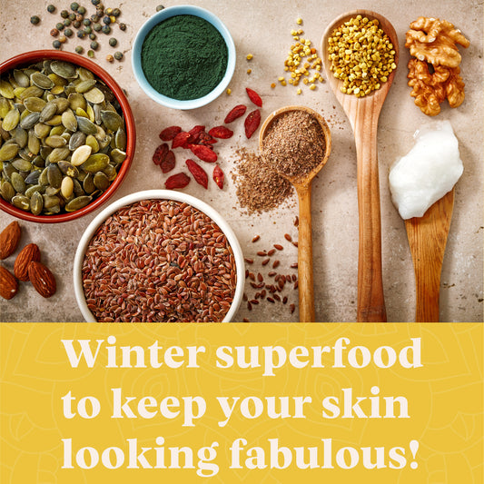 Image of superfoods, next to title: Winter superfood to keep your skin looking fabulous!