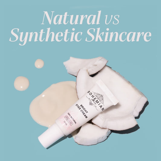 Australian skin care brand - what are the benefits of natural skincare? Blue background with eye cream and coconut